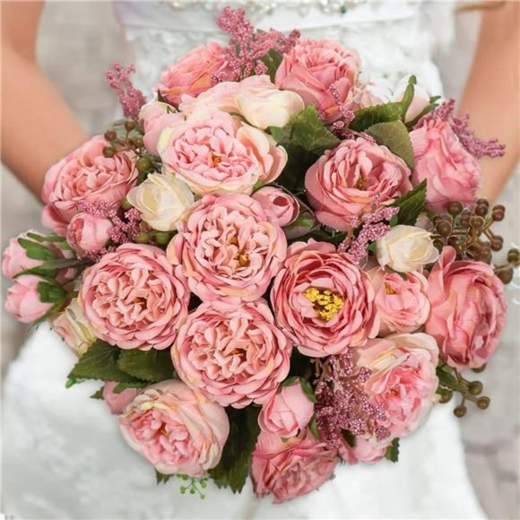 Artificial Peonies Silk Flowers, Pink Faux Peony Bouquet 4 Bundles Florals - Picture 5 of 6